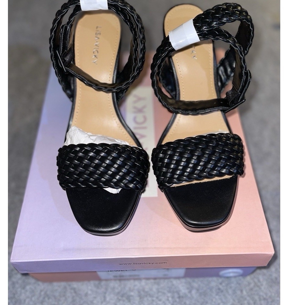 Lisa Vicky Jewel Black Braided Platform Block Heel Sandals Women Size 8.5 NEW‎
